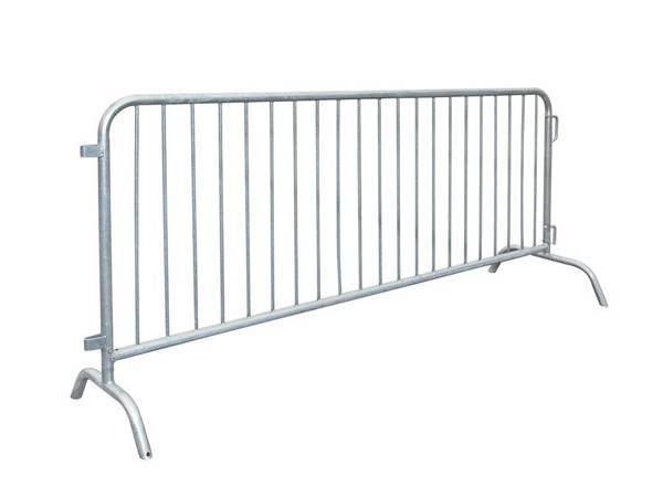 A galvanized crowd control barrier panel is displayed.