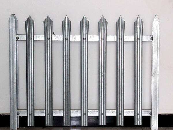 A galvanized palisade fencing panel is displayed.