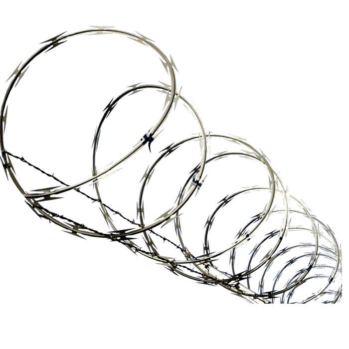 A line of razor wire under the sky.